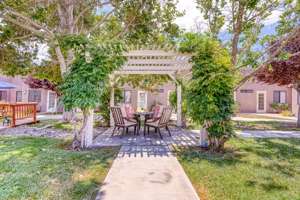 A shaded patio area with a table and chairs surrounded by greenery.