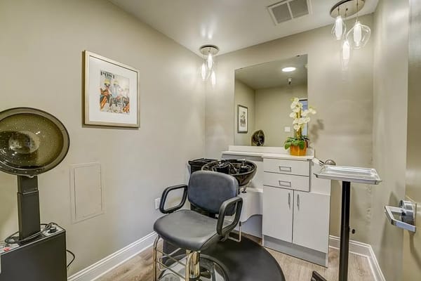 Hair salon equipped with a styling chair and wash basin