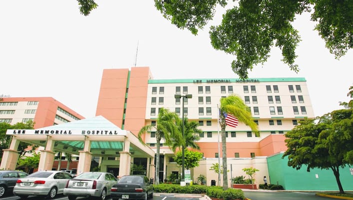 Exterior view of Lee Memorial Hospital entrance