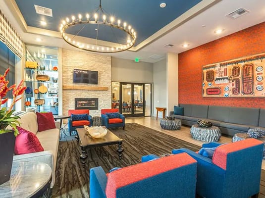 Cozy living room with modern decor and seating area