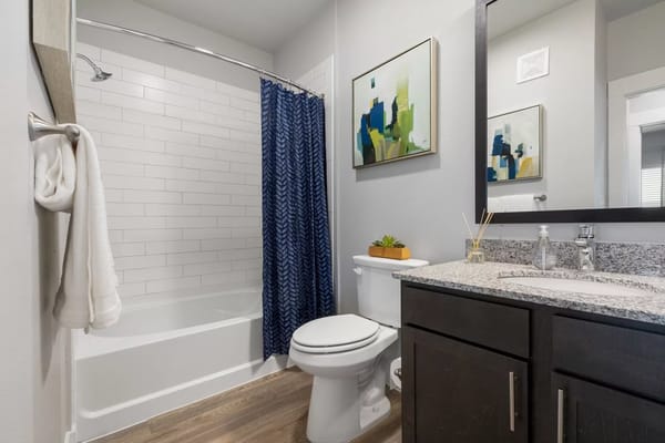 Spacious bathroom featuring a bathtub, toilet, and elegant decor.