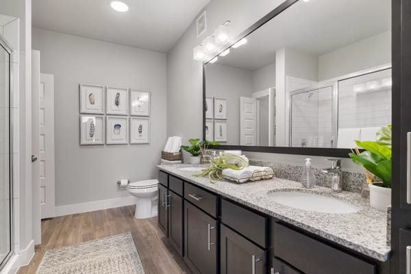 Modern bathroom with granite countertop and framed artwork