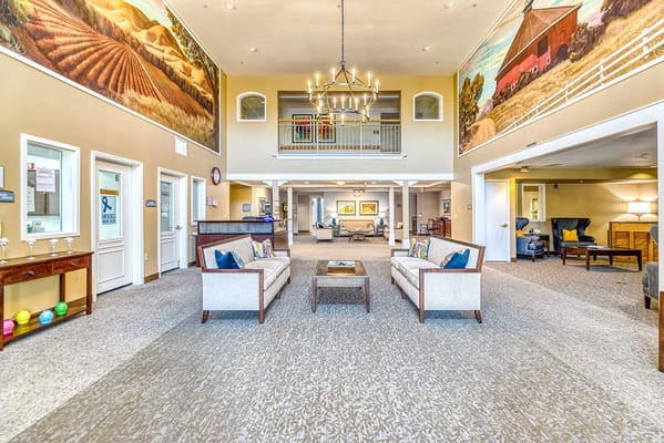 Bright and airy lobby with comfortable seating and artwork