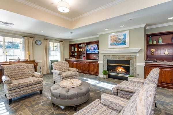 Comfortable seating area with a fireplace and bookshelves