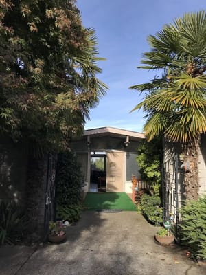 View of the entrance pathway surrounded by greenery at Soundview Elder Care.