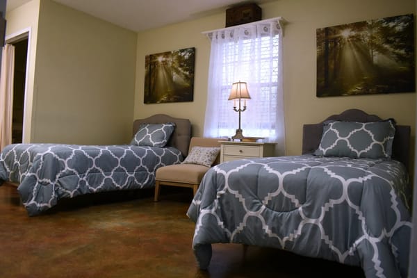 A cozy bedroom with two beds, a lamp, and nature-themed artwork