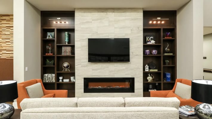 Modern living room with a TV and a fireplace