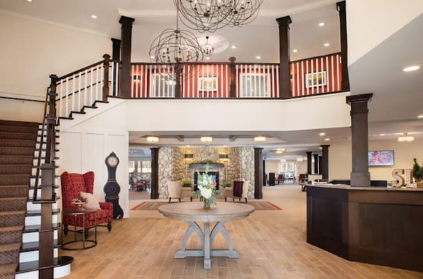 Bright interior of a common area with seating and decor