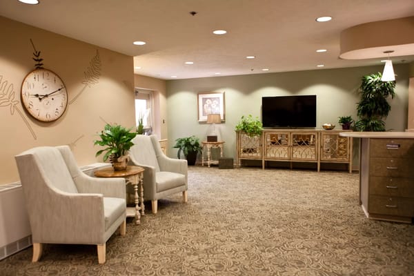Bright lobby area with comfortable seating and decor