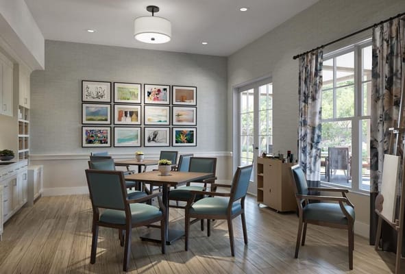 Bright common area with seating and art