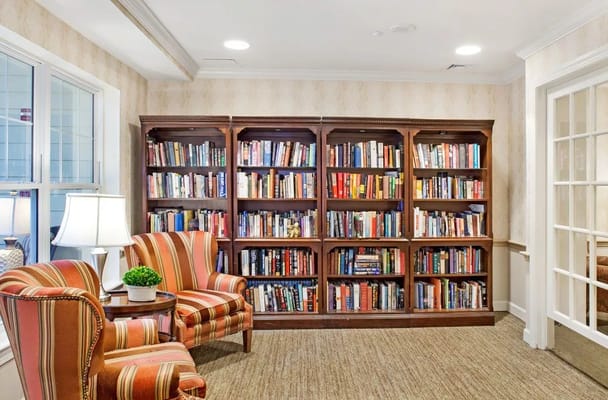 Cozy reading nook with bookshelves and chairs