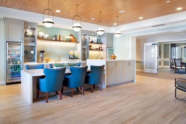 Bright kitchen area with blue chairs and modern appliances