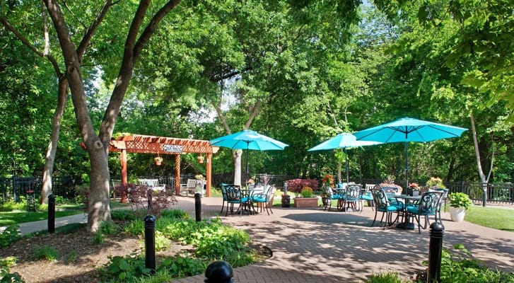 Outdoor patio area with seating and umbrellas