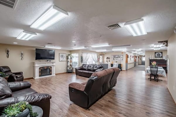 Bright common area with seating and decor