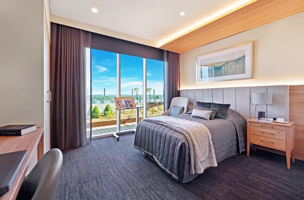 Modern bedroom with large window showcasing outdoor view