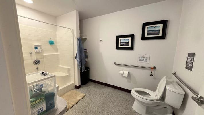 Spacious bathroom with shower, toilet, and safety features.