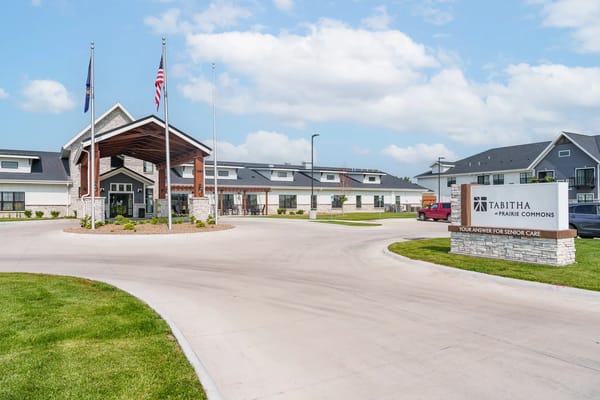 Main entrance of Tabitha at Prairie Commons senior living facility.