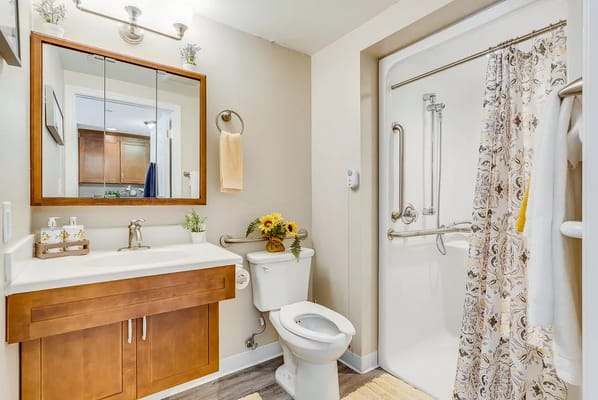 Modern and accessible bathroom with a walk-in shower.