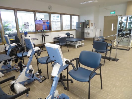 Interior view of the activity room with exercise equipment and seating