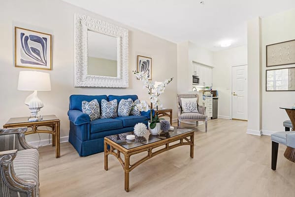 Cozy living room with blue sofa and decorative accents