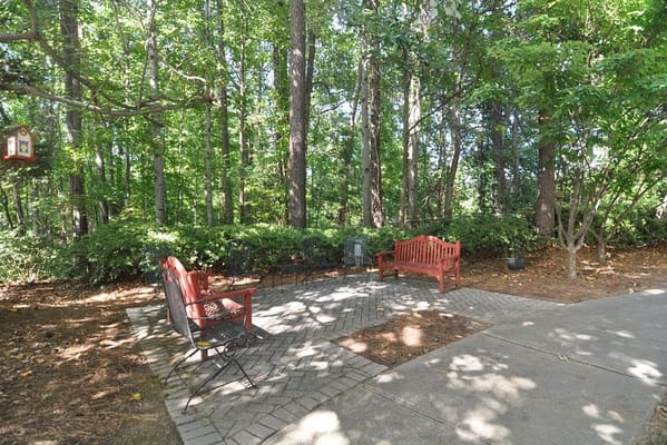 Outdoor seating area surrounded by trees