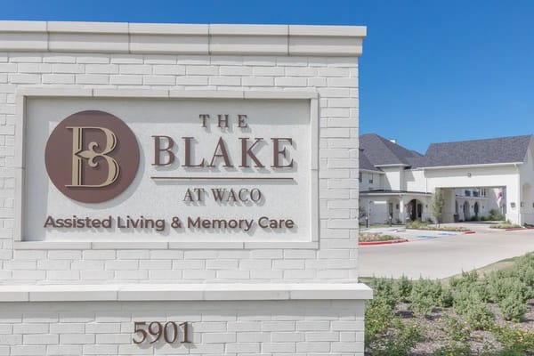 Sign for The Blake at Waco assisted living and memory care facility