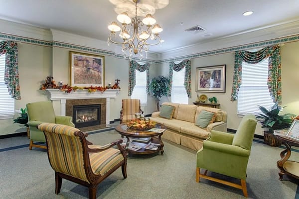 Comfortable lounge area with fireplace and seating