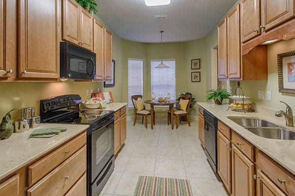 A well-equipped kitchen in a senior living facility