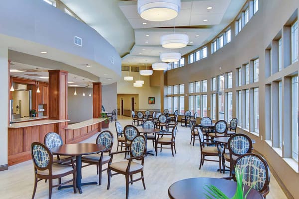 Bright and spacious common area with seating