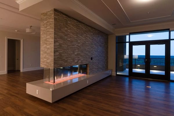Interior view of a common area with a fireplace
