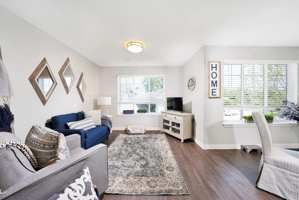 Comfortable living room with blue sofa and decorative elements
