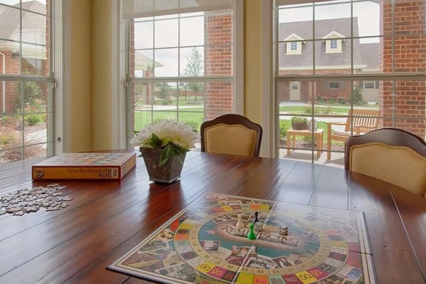 Table with a board game and flowers, view outside