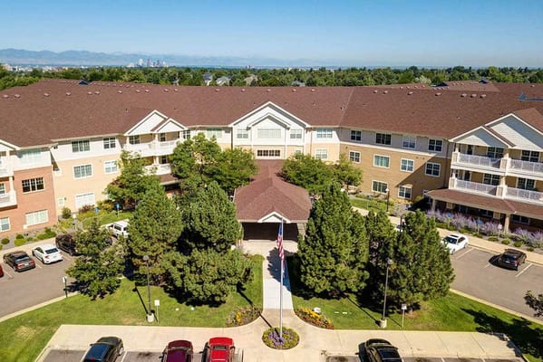 Aerial view of The Courtyards at Mountain View with landscaped entrance.