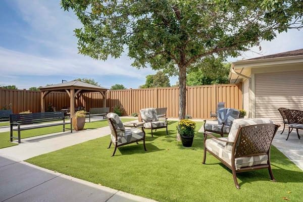 Seating area with decorative chairs and benches in a green outdoor space.