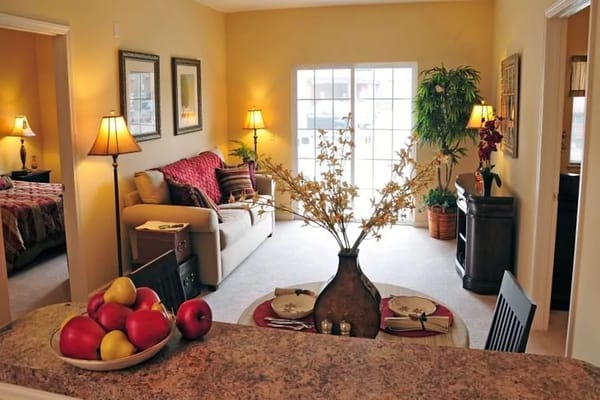 Living room area with a sofa, decorative plants, and dining table