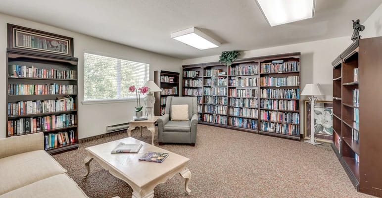 Cozy library space with bookshelves and seating