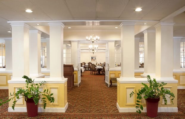Interior view of the lobby with columns and seating area