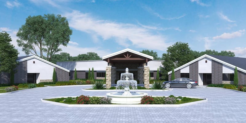 Exterior view of The Grand Royale with fountain