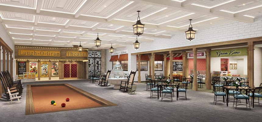 Interior common area with shops and seating