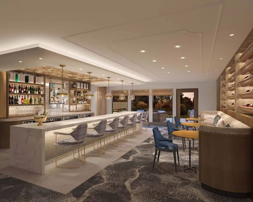 Modern lounge area with bar seating and décor