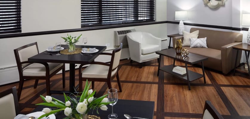 A stylish interior lounge area with dining tables