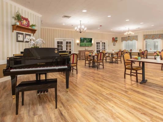 Black piano in a bright dining room with tables and chairs