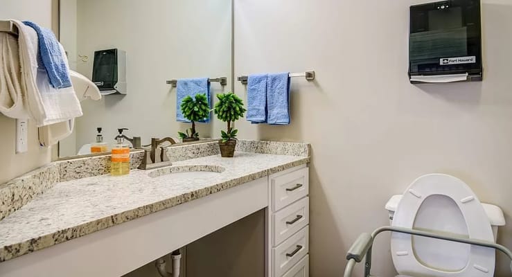 Well-appointed bathroom with sink, towels, and a toilet assist chair.