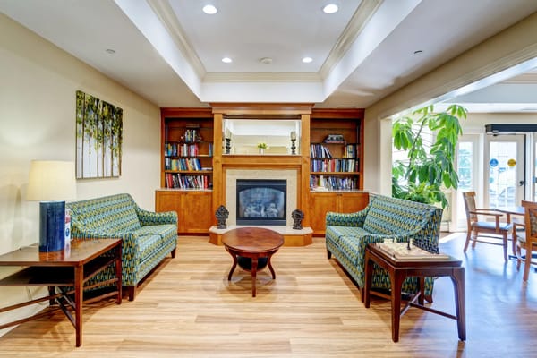 Cozy living room with two patterned sofas, a coffee table, and a fireplace