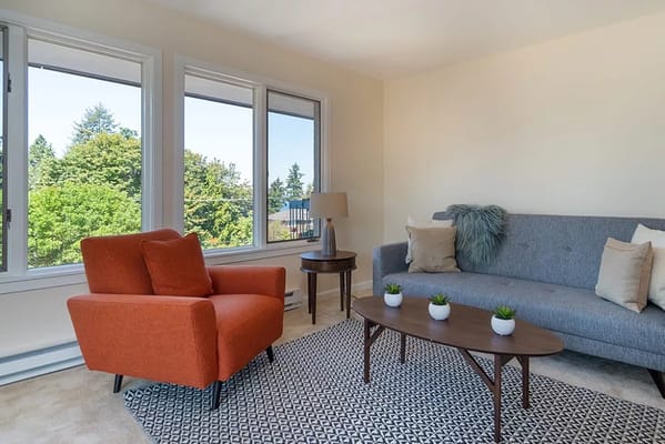Bright living room with a gray sofa and orange armchair