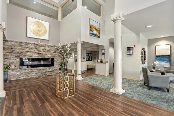 Welcoming lobby with modern decor and fireplace