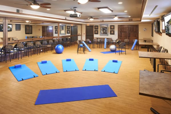Activity room set up for fitness classes