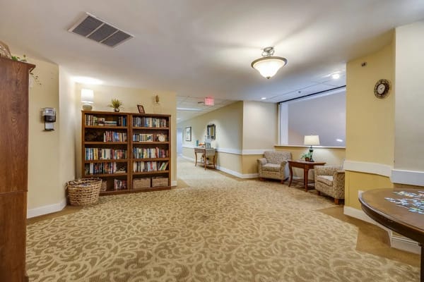Cozy interior of a common area with bookshelves