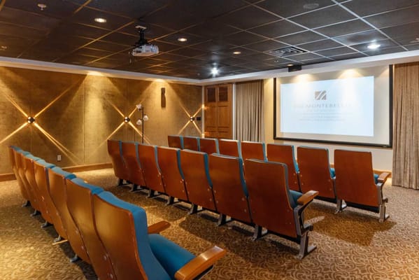 Interior view of the theater room featuring rows of seats and a projection screen.