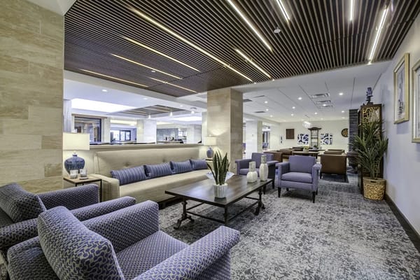 Cozy seating area in The Palazzo lobby with contemporary decor.